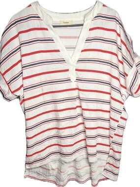 Stripe V-Neck Relaxed Tunic Top - Red & Navy -
